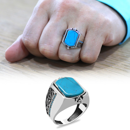 Firuze Taşlı Mikro Taş Mıhlamalı Çift Taraflı İsme Özel Harf Yazılı 925 Ayar Gümüş Erkek Yüzük - Tesbihane