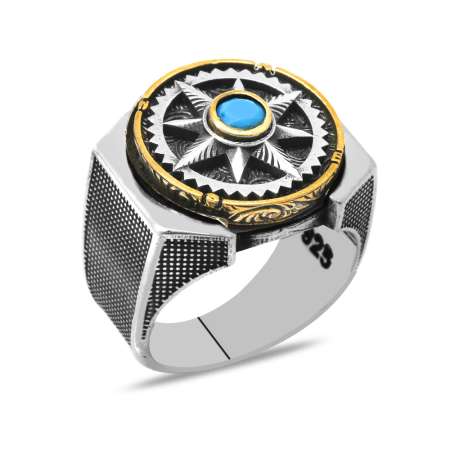 Firuze Taşlı Pusula Detaylı Dönen Çark Tasarım 925 Ayar Gümüş Erkek Yüzük - Tesbihane