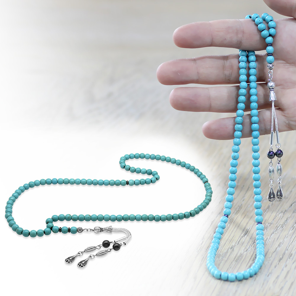 Firuze Turkuaz Doğaltaş Namaz Tesbihi - Kararmaz Metal Damla Püsküllü - Turkuaz Renk - Küre Kesim - 2