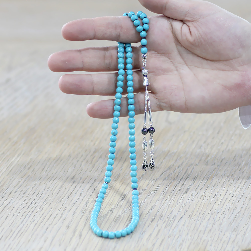 Firuze Turkuaz Doğaltaş Namaz Tesbihi - Kararmaz Metal Damla Püsküllü - Turkuaz Renk - Küre Kesim - 3