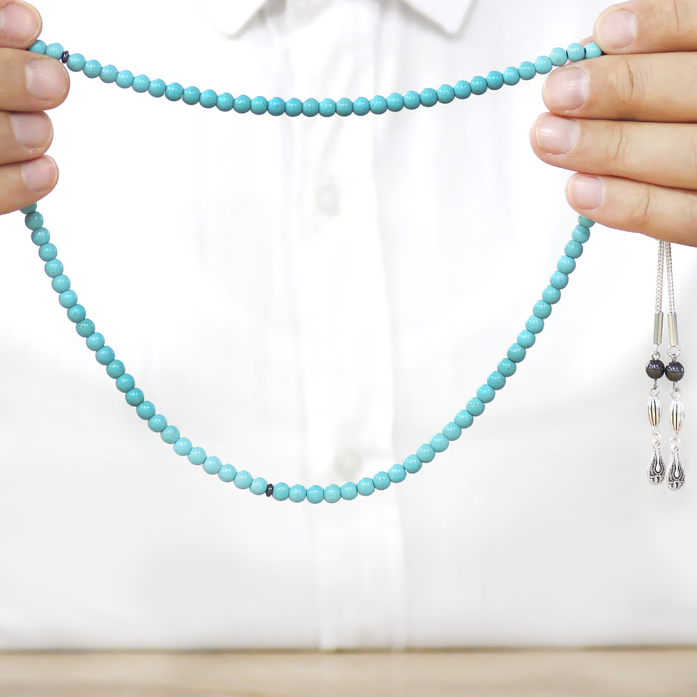 Firuze Turkuaz Doğaltaş Namaz Tesbihi - Kararmaz Metal Damla Püsküllü - Turkuaz Renk - Küre Kesim - 4