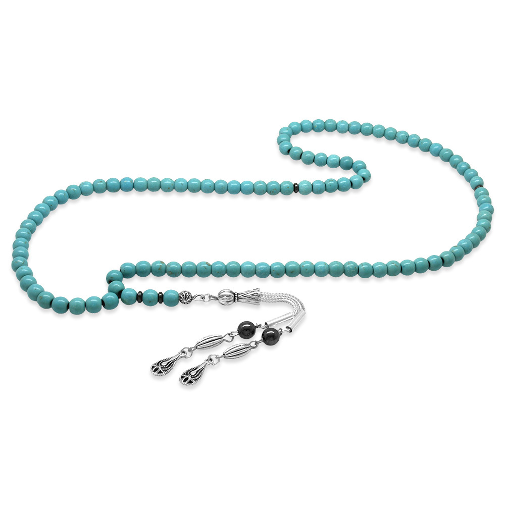 Firuze Turkuaz Doğaltaş Namaz Tesbihi - Kararmaz Metal Damla Püsküllü - Turkuaz Renk - Küre Kesim - 5