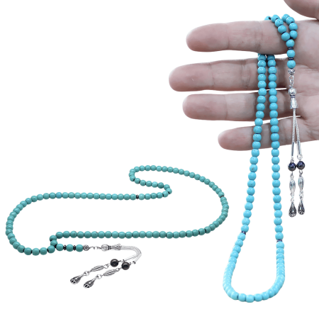 Firuze Turkuaz Doğaltaş Namaz Tesbihi - Kararmaz Metal Damla Püsküllü - Turkuaz Renk - Küre Kesim - Tesbihane