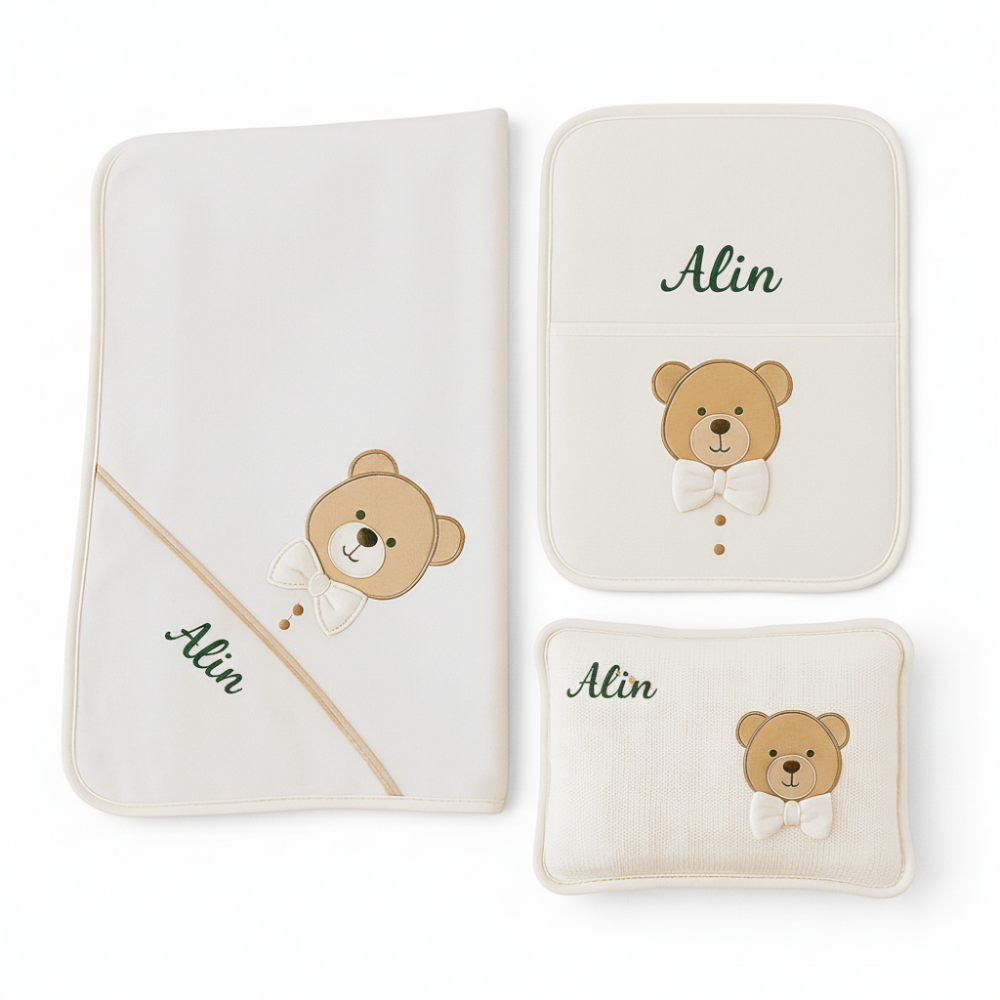 Fiyonklu Ayıcık Desenli İsme Özel Nakışlı Krem 3 lü Bebek Alt Açma Seti - 4