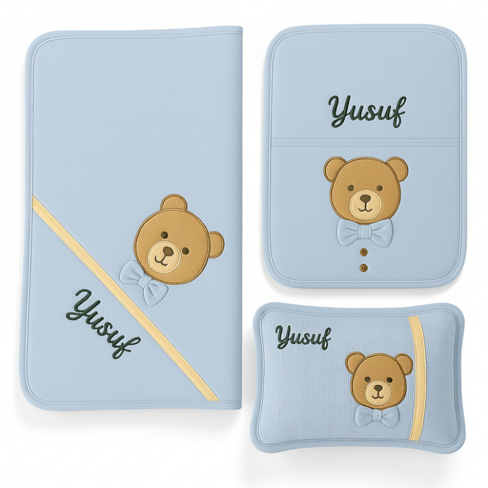 Fiyonklu Ayıcık Desenli İsme Özel Nakışlı Mavi 3 lü Bebek Alt Açma Seti - 4