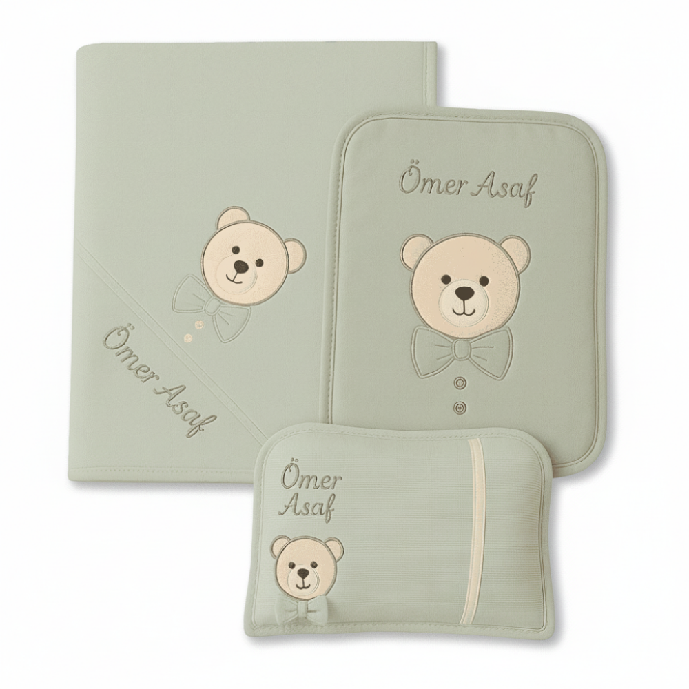Fiyonklu Ayıcık Desenli İsme Özel Nakışlı Mint Yeşili 3 lü Bebek Alt Açma Seti - 4