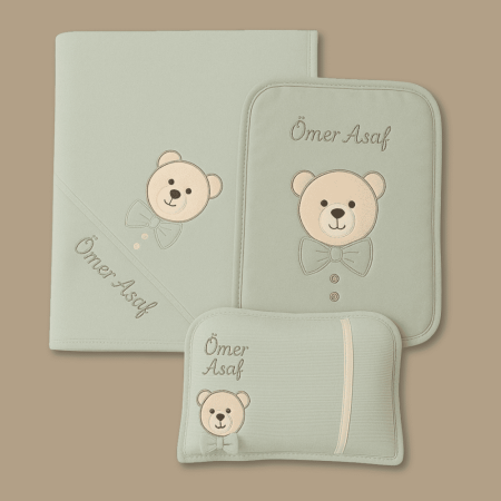 Fiyonklu Ayıcık Desenli İsme Özel Nakışlı Mint Yeşili 3 lü Bebek Alt Açma Seti - Tesbihane