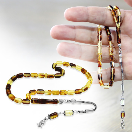 Fosilli Beyrut Kehribar Tesbih - 925 Ayar Gümüş Püsküllü - Mini Boy - Sarı Siyah - Kapsül Kesim - Tesbihane