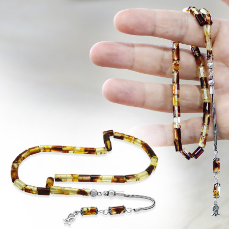 Fosilli Beyrut Kehribar Tesbih - 925 Ayar Gümüş Püsküllü - Mini Boy - Sarı Siyah - Kesme Kesim - Tesbihane