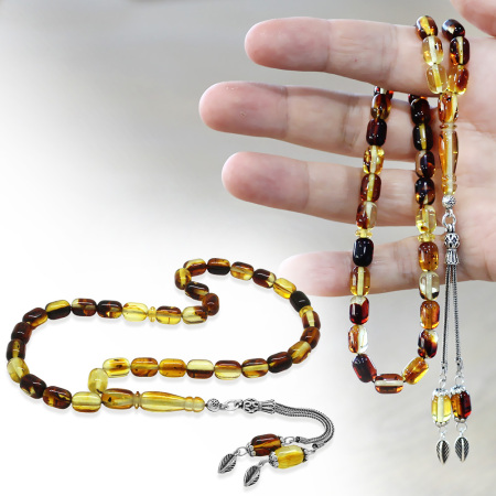 Fosilli Beyrut Kehribar Tesbih - 925 Ayar Gümüş Püsküllü - Sarı Siyah - Kapsül Kesim - Tesbihane