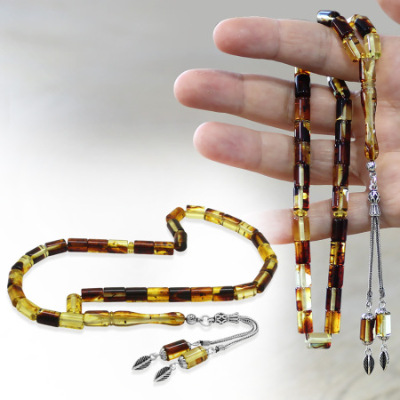 Fosilli Beyrut Kehribar Tesbih - 925 Ayar Gümüş Püsküllü - Sarı Siyah - Kesme Kesim - Tesbihane