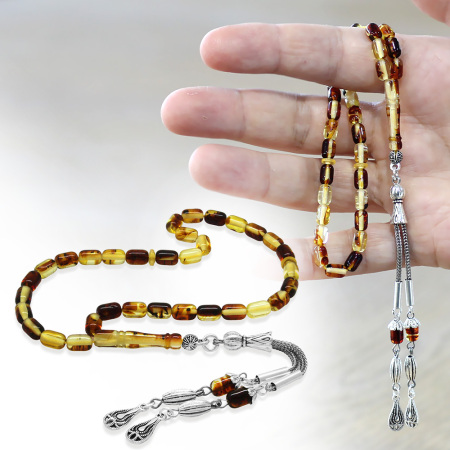 Fosilli Beyrut Kehribar Tesbih - Kararmaz Metal Püsküllü - Mini Boy - Sarı Siyah - Kapsül Kesim - Tesbihane