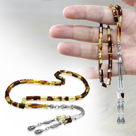 Fosilli Beyrut Kehribar Tesbih - Kararmaz Metal Püsküllü - Mini Boy - Sarı Siyah - Kesme Kesim - Tesbihane