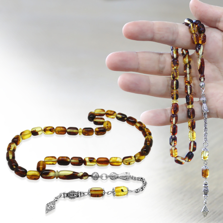 Fosilli Beyrut Kehribar Tesbih - Kararmaz Metal Püsküllü - Sarı Siyah - Kapsül Kesim - Tesbihane