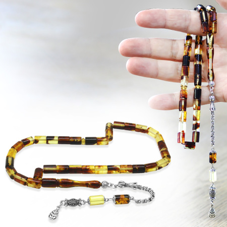 Fosilli Beyrut Kehribar Tesbih - Kararmaz Metal Püsküllü - Sarı Siyah - Kesme Kesim - Tesbihane