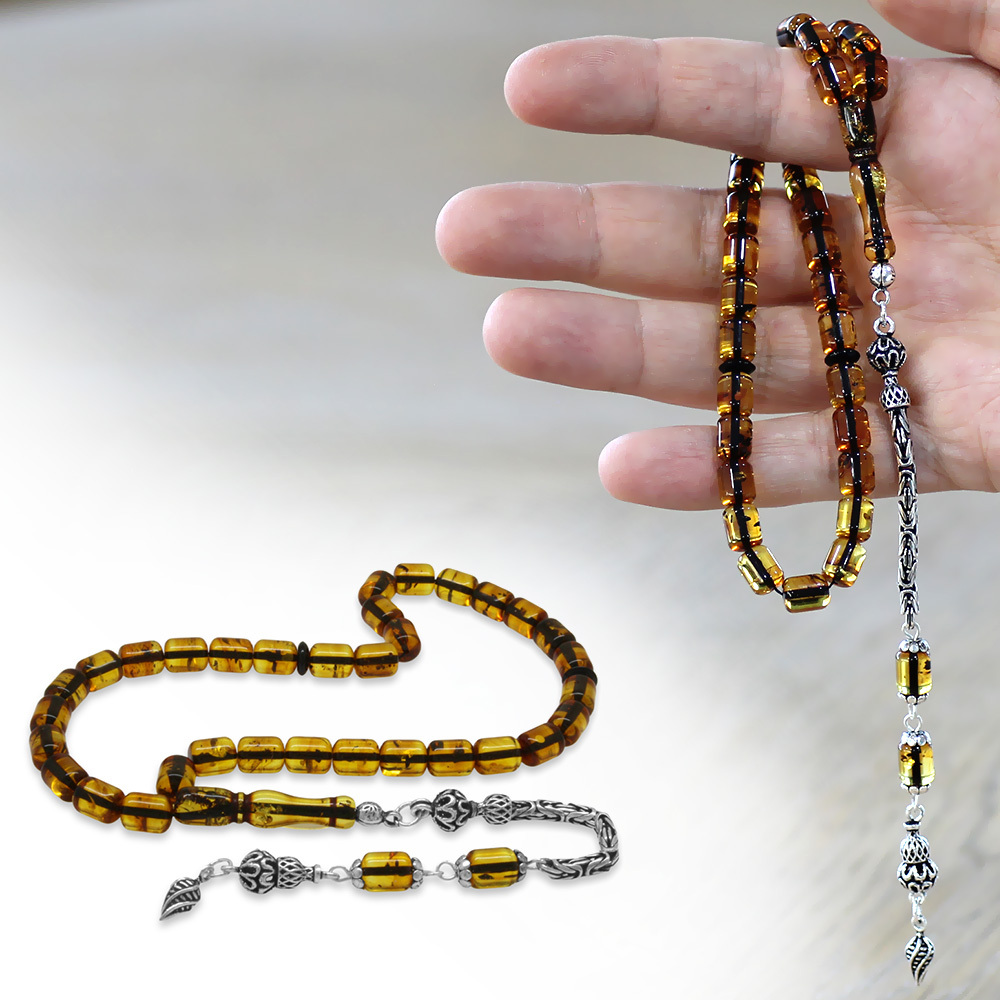 Fosilli Damla Kehribar Tesbih - 925 Ayar Gümüş Kral Püsküllü - Kapsül Kesim - Ihlamur Sarı Renk - 1