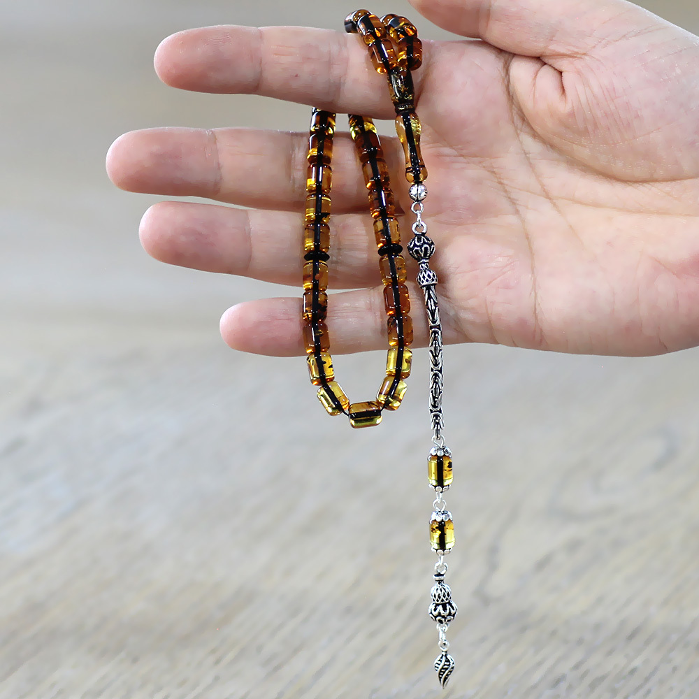 Fosilli Damla Kehribar Tesbih - 925 Ayar Gümüş Kral Püsküllü - Kapsül Kesim - Ihlamur Sarı Renk - 2