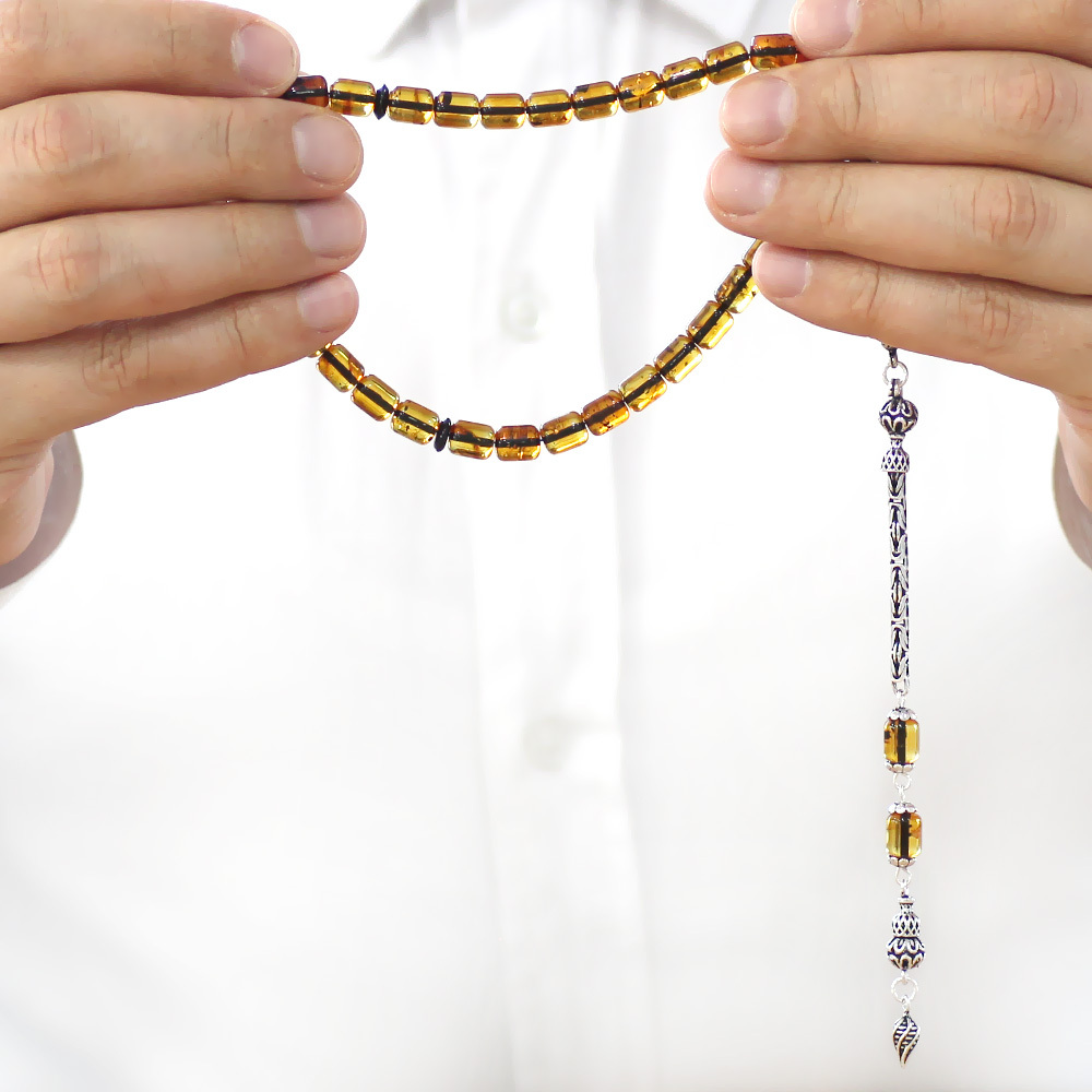 Fosilli Damla Kehribar Tesbih - 925 Ayar Gümüş Kral Püsküllü - Kapsül Kesim - Ihlamur Sarı Renk - 3