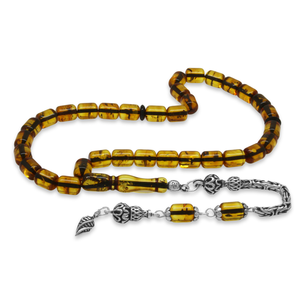 Fosilli Damla Kehribar Tesbih - 925 Ayar Gümüş Kral Püsküllü - Kapsül Kesim - Ihlamur Sarı Renk - 4