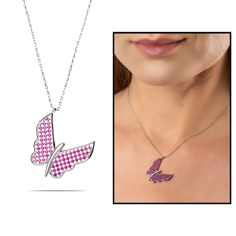 Fuşya Zirkon Taşlı Zarif Tasarım 925 Ayar Gümüş Kelebek Kolye - 1