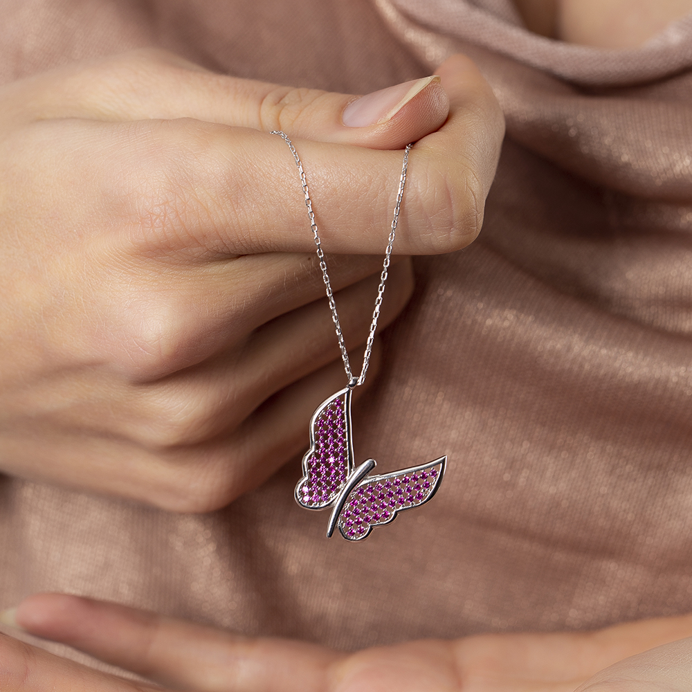 Fuşya Zirkon Taşlı Zarif Tasarım 925 Ayar Gümüş Kelebek Kolye - 4