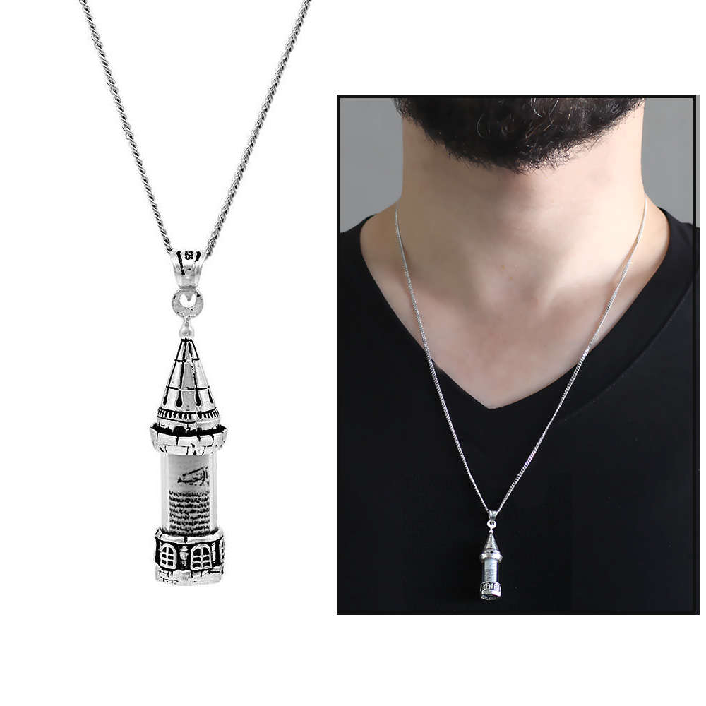 Galata Kulesi Tasarım 925 Ayar Gümüş Erkek Cevşen Kolye - 1