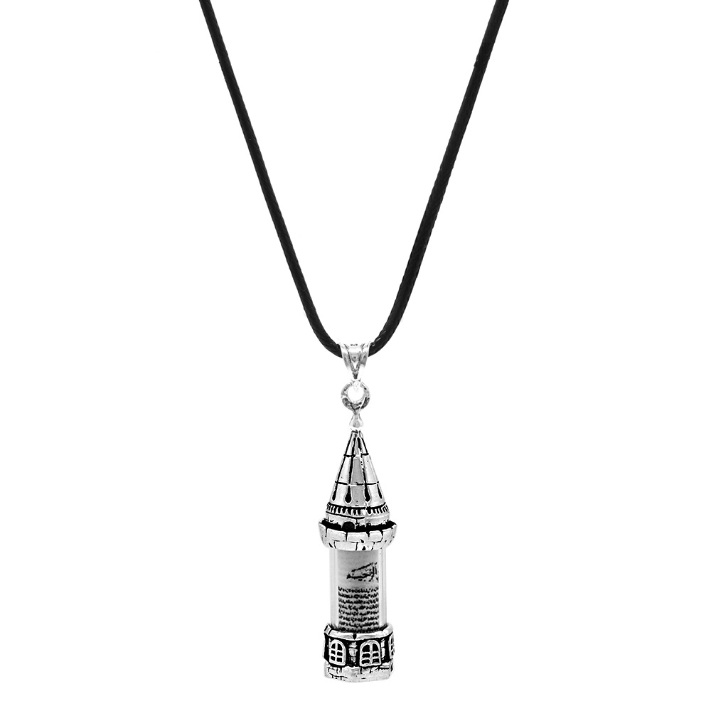 Galata Kulesi Tasarım İp Zincirli 925 Ayar Gümüş Erkek Cevşen Kolye - 1