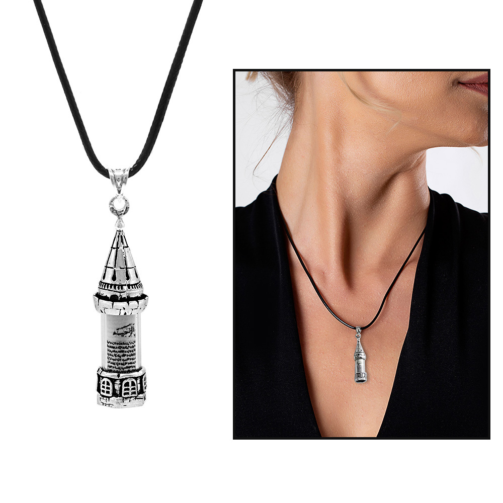 Galata Kulesi Tasarım Zarif İp Zincirli 925 Ayar Gümüş Kadın Cevşen Kolye - 2