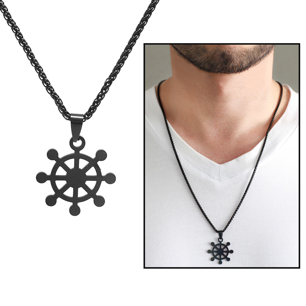 Gemi Dümeni Tasarım Siyah Renk Çelik Erkek Kolye - 1