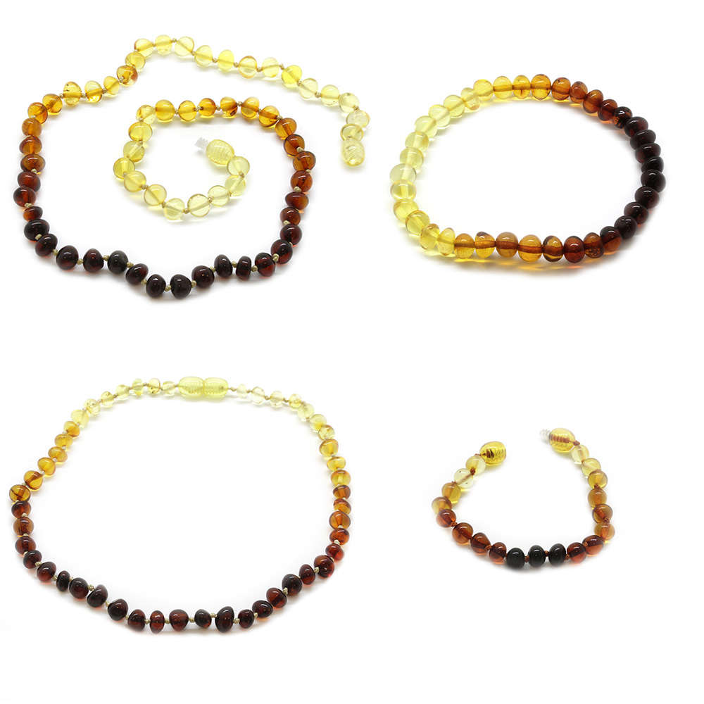 Gökkuşağı Renkli Doğal Damla Kehribar Taşlı Anne-Bebek Kolye-Bileklik 4lü Set - 1