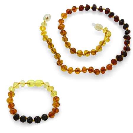 Gökkuşağı Renkli Doğal Damla Kehribar Taşlı Bebek Diş Kolye Bileklik Seti - Tesbihane