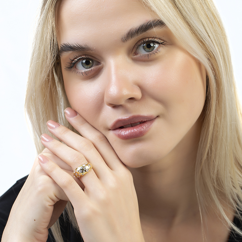 Gökyüzü Gezegenler Tasarım Altın Renk Ayarlanabilir Ölçü 925 Ayar Gümüş Kadın Yüzük - 3