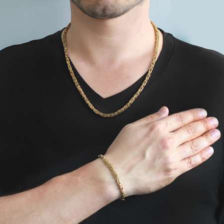 Altın Renk 917L Paslanmaz Çelik Erkek Kral Zincir ve Bileklik Kombini - Tesbihane