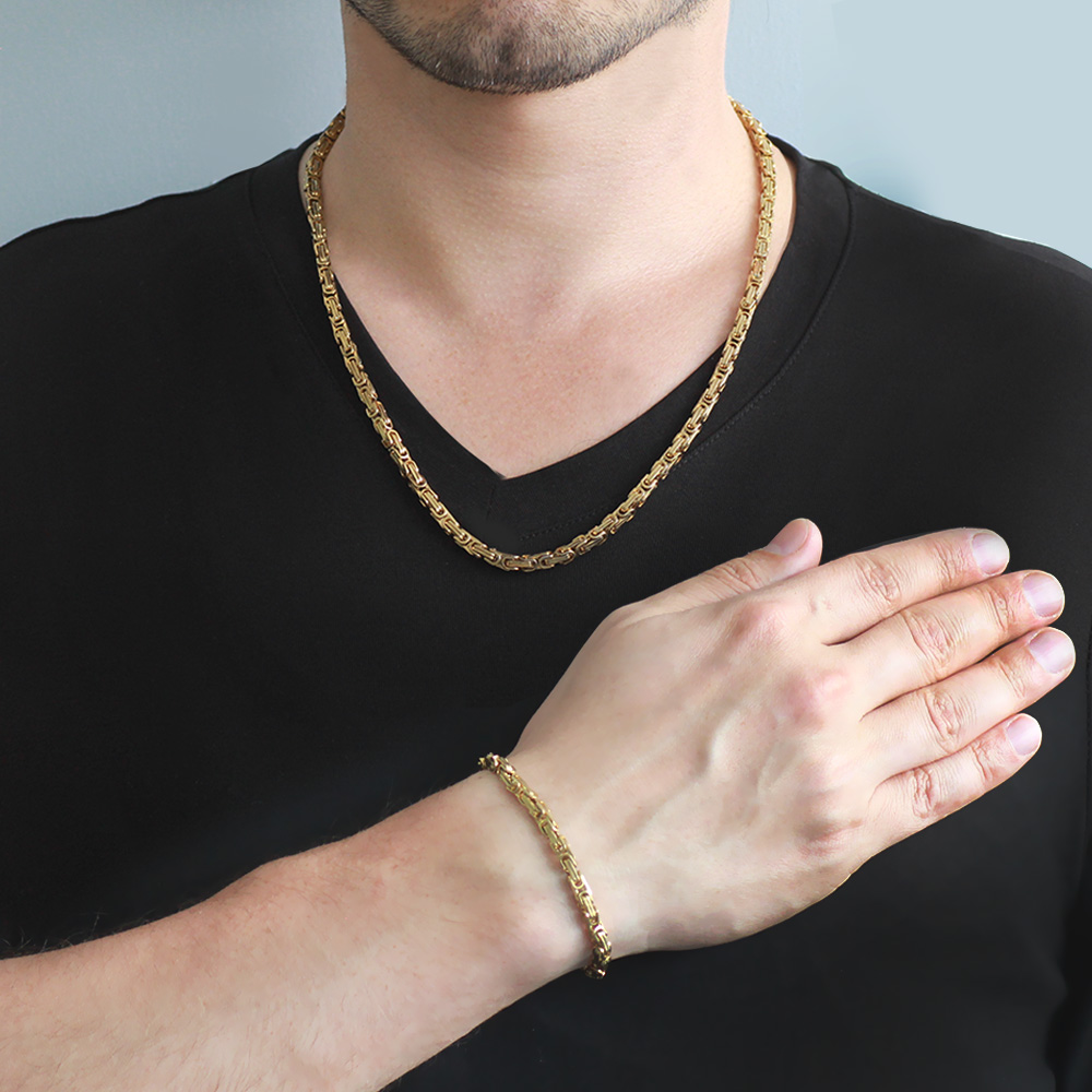 Altın Renk 917L Paslanmaz Çelik Erkek Kral Zincir ve Bileklik Kombini - 1