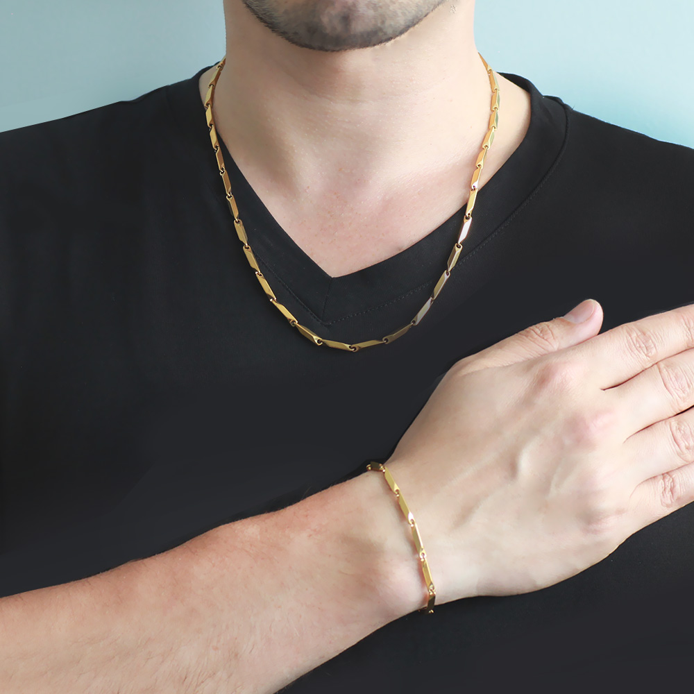 Altın Renk 917L Paslanmaz Çelik Singapur Zincir ve Bileklik Kombini - 1