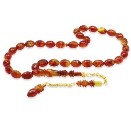 Altın Renk 925 Ayar Gümüş Püsküllü İmamesı Usta İşçilikli Arpa Kesim Ebruli Siyah Katalin Tesbih - Tesbihane