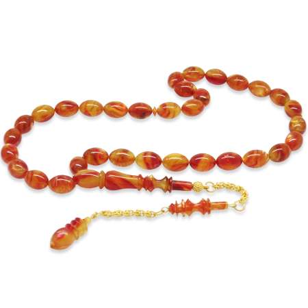 Altın Renk 925 Ayar Gümüş Püsküllü İmame Usta İşçilikli Arpa Kesim Turuncu Siyah Katalin Tesbih - Tesbihane