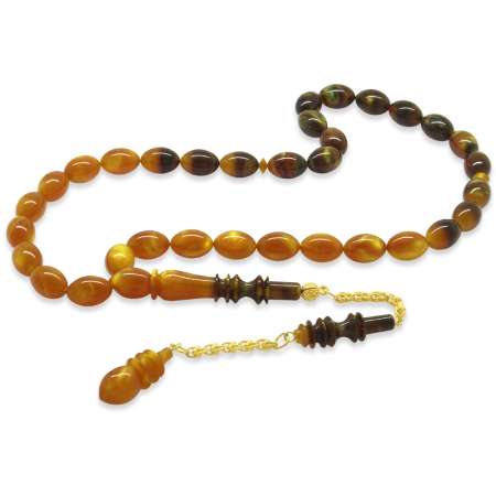 Altın Renk 925 Ayar Gümüş Püskül İmame Usta İşçilikli Arpa Kesim Süzme Bal Kahverengi Katalin Tesbih - Tesbihane