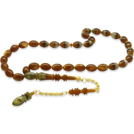 Altın Renk 925 Ayar Gümüş Püsküllü İmame İşçilikli Arpa Kesim Süzme Kahverengi Beyaz Katalin Tesbih - Tesbihane