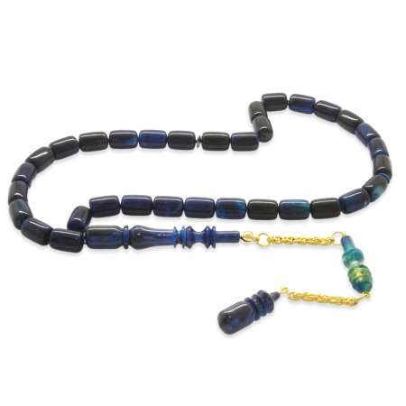 Altın Rengi 925 Ayar Gümüş Püsküllü İmamesı Usta İşçilikli Kapsül Kesim Mavi Siyah Katalin Tesbih - Tesbihane