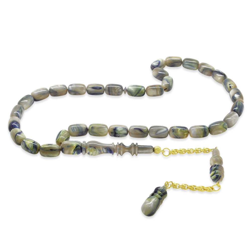 Altın Renk 925 Ayar Gümüş Püsküllü İmamesı Usta İşçilikli Kapsül Kesim Mavi Bej Katalin Tesbih - 1