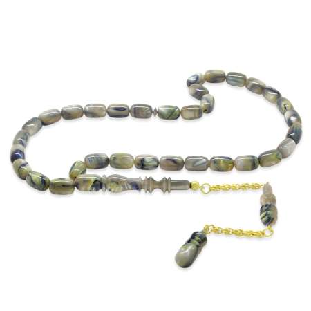 Altın Renk 925 Ayar Gümüş Püsküllü İmamesı Usta İşçilikli Kapsül Kesim Mavi Bej Katalin Tesbih - Tesbihane