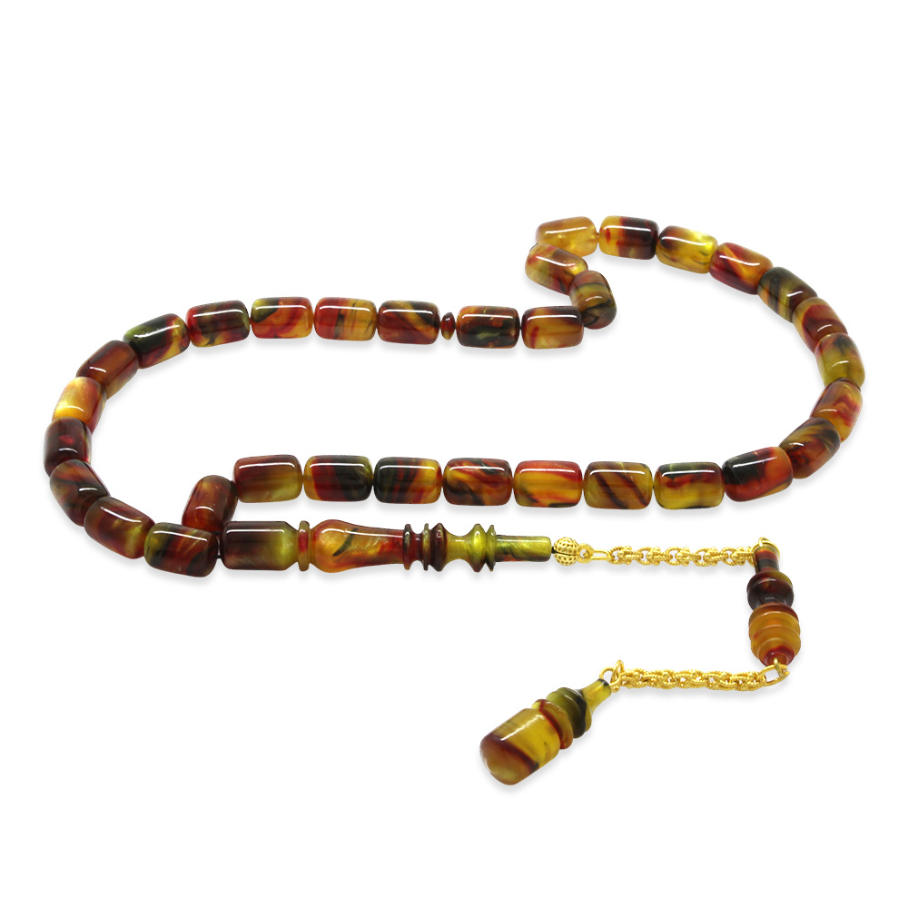 Altın Renk 925 Ayar Gümüş Püsküllü İmamesı Usta İşçilikli Kapsül Kesim Çok Renkli Katalin Tesbih - 1