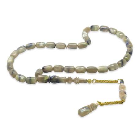 Altın Renk 925 Ayar Gümüş Püskül İmamesı Usta İşçilikli Kapsül Kesim Şeffaf Mavi Bej Katalin Tesbih - Tesbihane