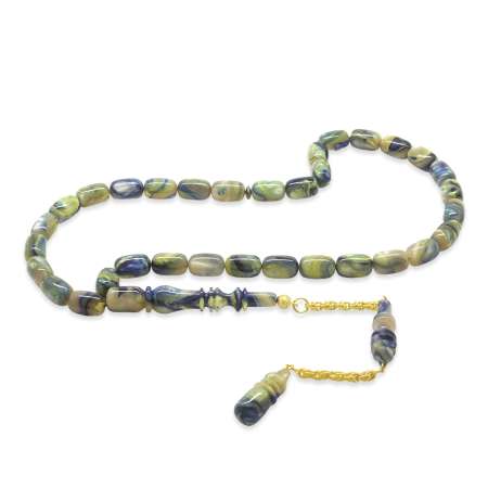 Altın Renk 925 Ayar Gümüş Püsküllü İmamesı Usta İşçilikli Kapsül Kesim Su Yeşili Mavi Katalin Tesbih - Tesbihane