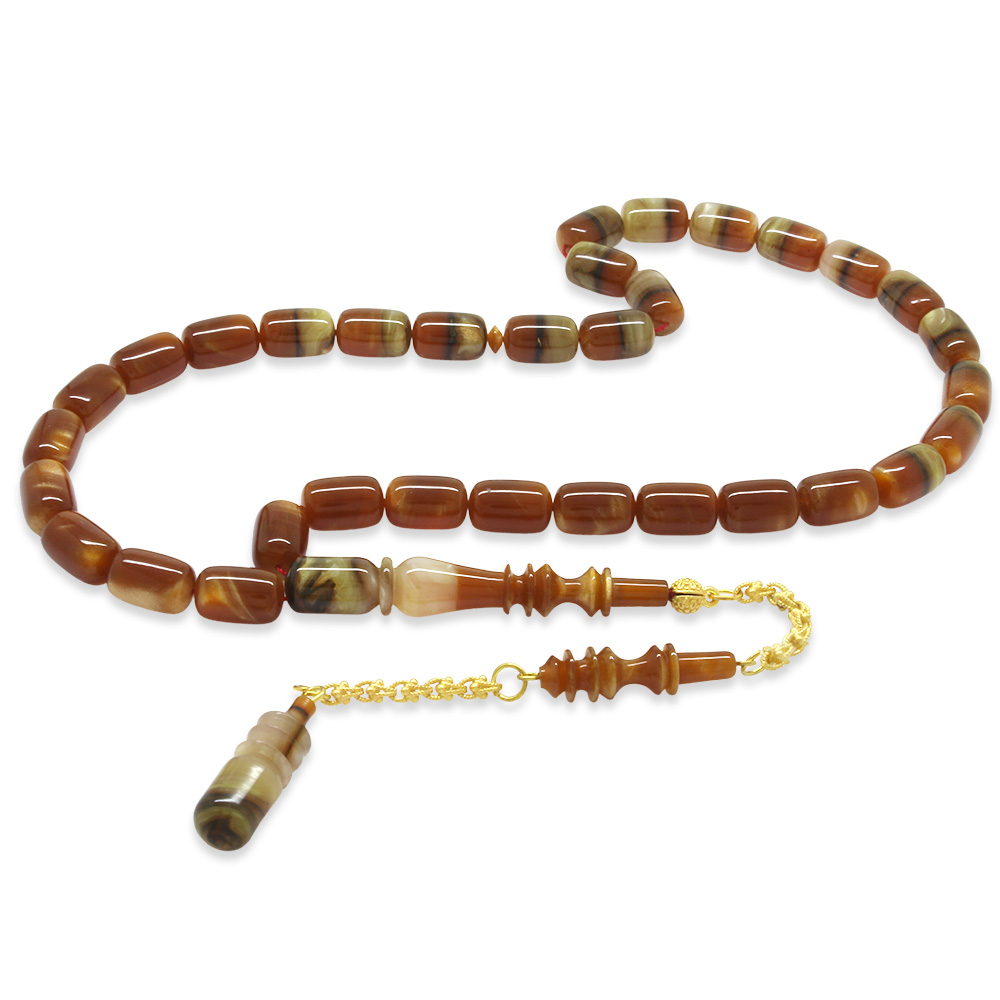 Altın Renk 925 Ayar Gümüş Püsküllü İmame Usta İşçilikli Kapsül Kesim Kahverengi Beyaz Katalin Tesbih - 1