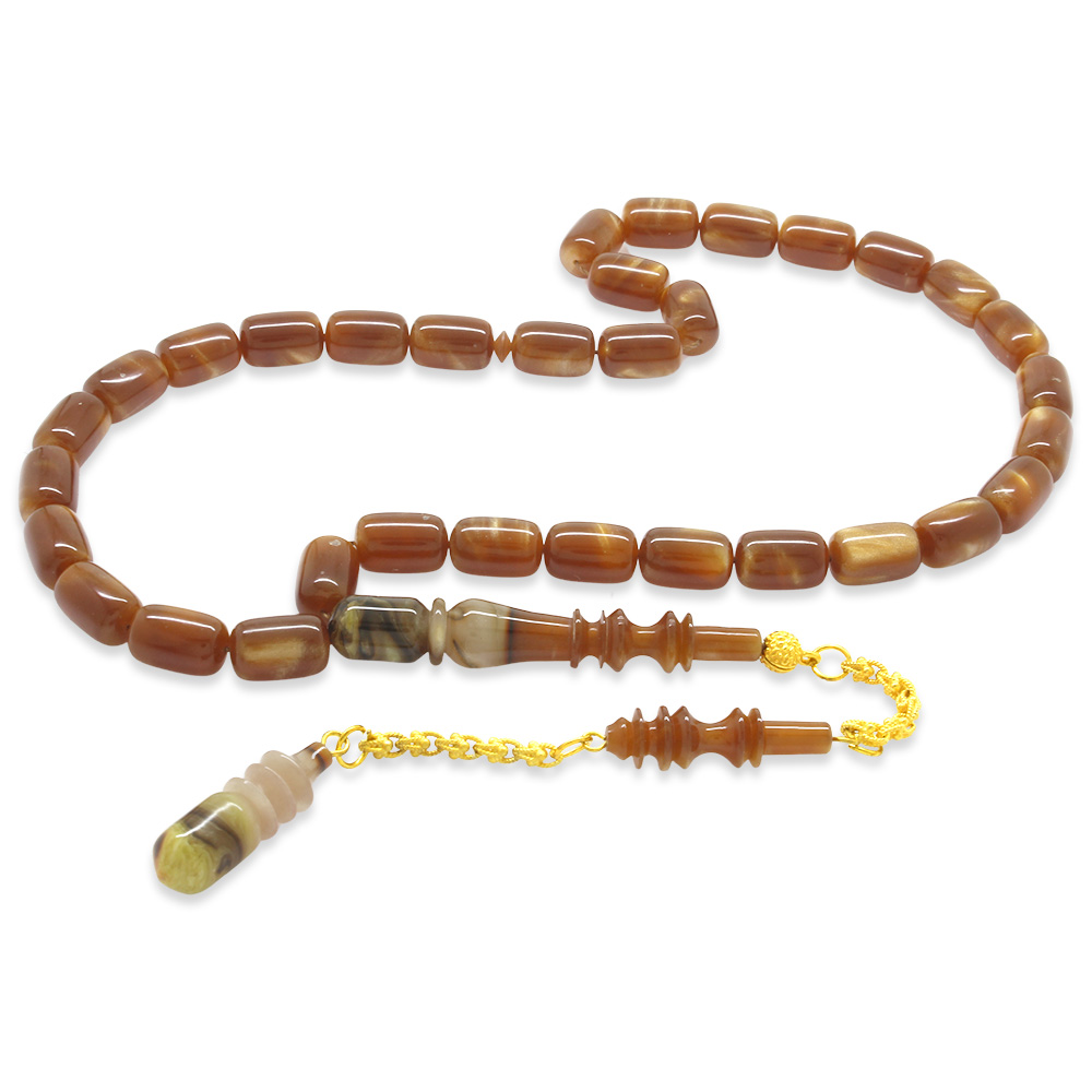 Altın Renk 925 Ayar Gümüş Püsküllü İmamesı Usta İşçilikli Kapsül Kesim Kahverengi Katalin Tesbih - 1