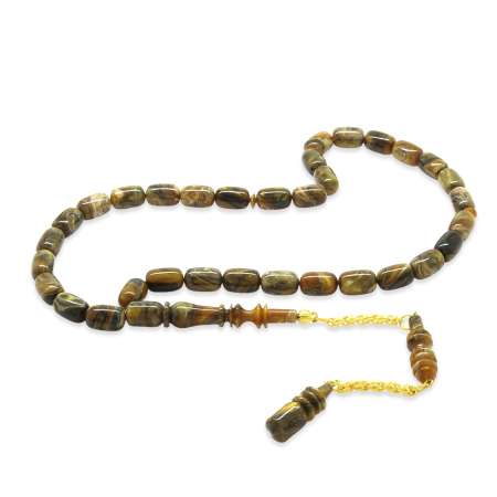 Altın Renk 925 Ayar Gümüş Püskül İmamesı Usta İşçilikli Kapsül Kesim Kahverengi Beyaz Katalin Tesbih - Tesbihane