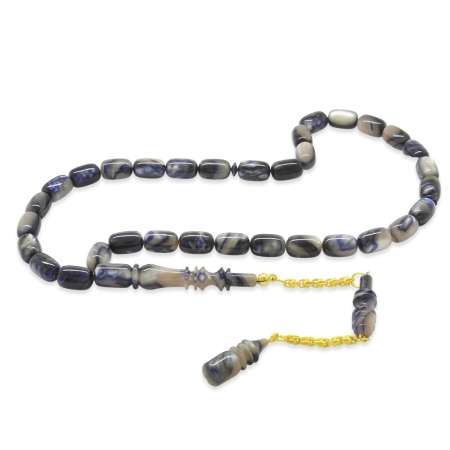 Altın Renk 925 Ayar Gümüş Püsküllü İmamesı Usta İşçilikli Kapsül Kesim Mavi Beyaz Katalin Tesbih - Tesbihane