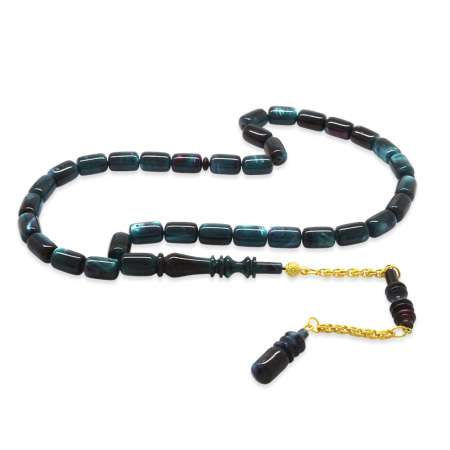 Altın Renk 925 Ayar Gümüş Püsküllü İmamesı Usta İşçilikli Kapsül Kesim Mavi Siyah Katalin Tesbih - Tesbihane